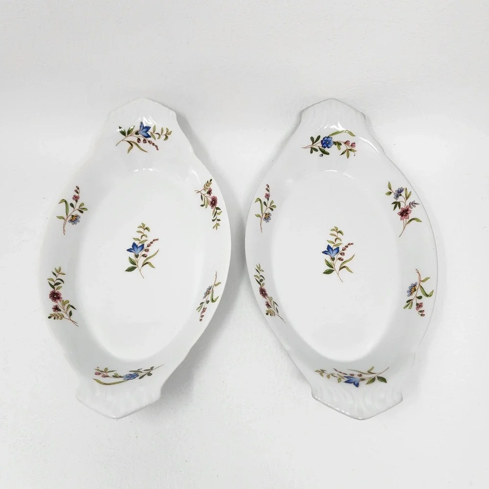 BIASet 2 Cordon Bleu Floral Porcelain Au Gratin Dishes White 10in Baking NOS